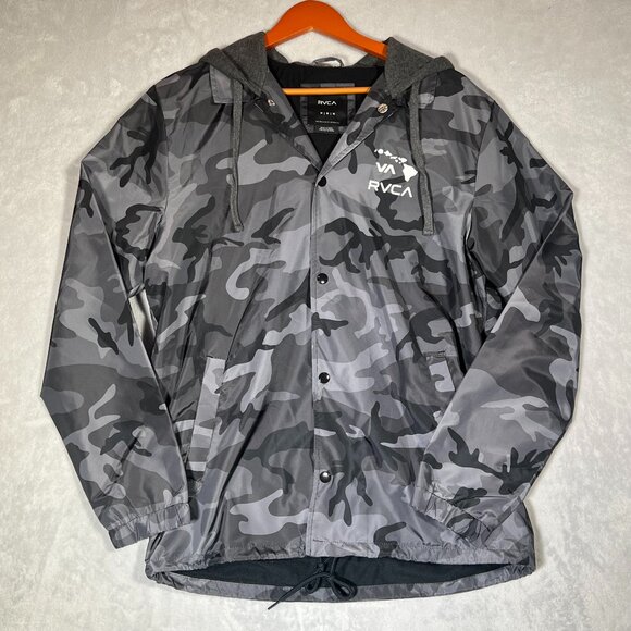 RVCA Other - RVCA Jacket Mens M Black Gray Camo Full Zip Hooded Windbreaker Hawaii Skate Surf